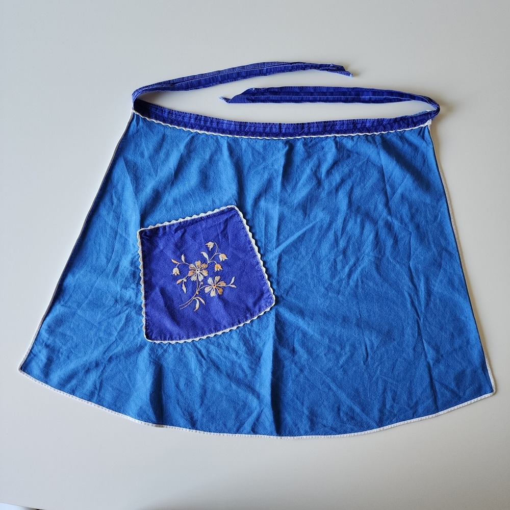 Vintage Half Apron Grannycore Handmade Embroidery Flowers Pocket Cottagecore